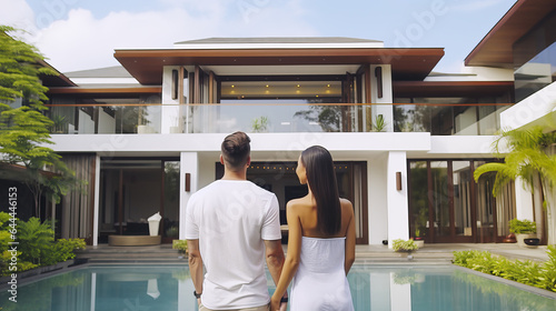 Rear view of multiracial young couple standing in front of new home. Real estate concept