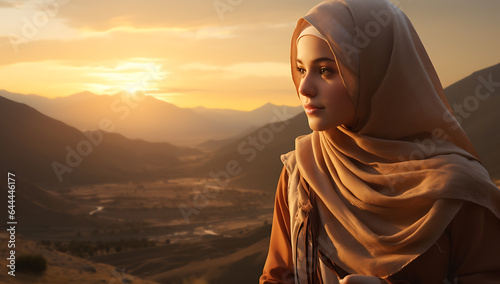 Beautiful muslim woman with hijab looking at sunset in the mountains