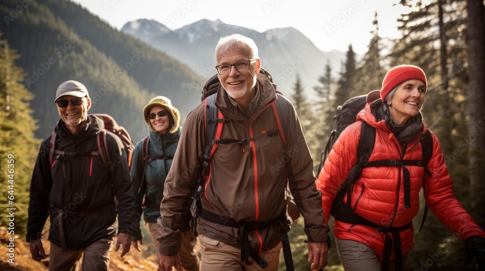 Group of seniors enjoying hiking in the mountains
