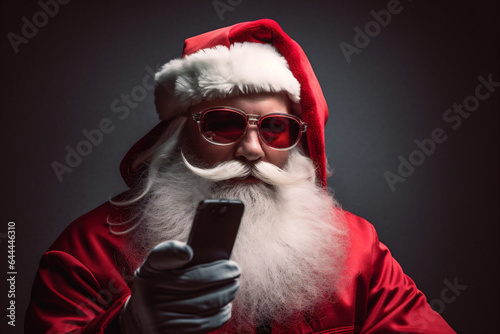 smartphone man virtual phone year merry claus holiday santa mobile christmas. Generative AI. © VICHIZH