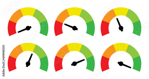 Speedometer meter with arrow with red, orange, yellow, green indicators. Low, medium, high and risk levels. Good, bad, fear and greed index for cryptocurrency and stock market.