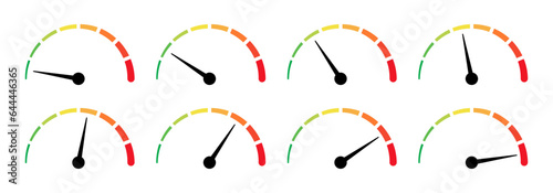 Scale speed in flat style. Vector color speedometer set isolated illustration. Speedometer speed car auto dashboard vector isolated icons. Fast time concept. Speed motion design. Speed indicator icon.