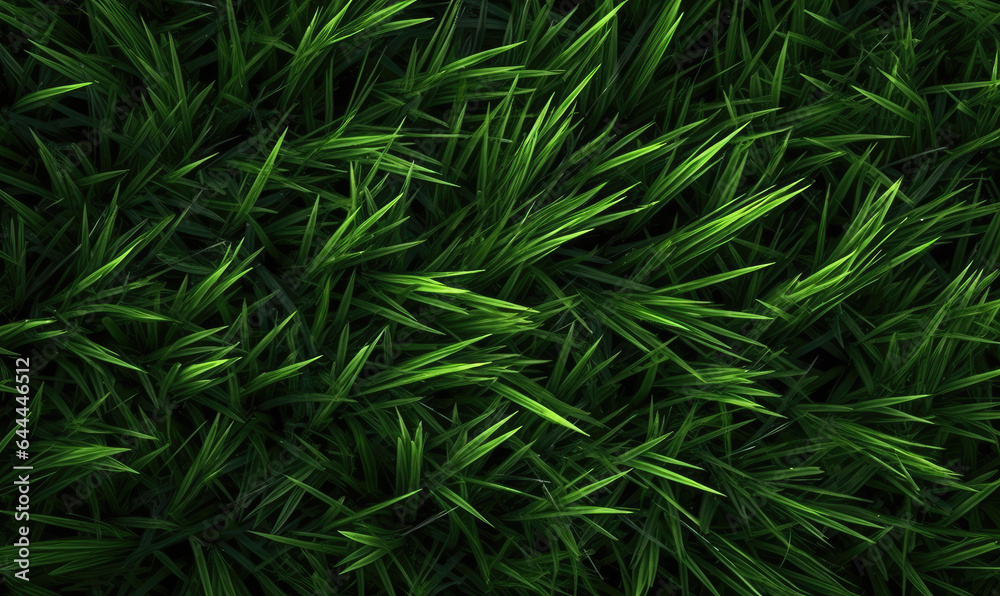 Fresh lush green grass on meadow with drops of water dew. Close-up macro. For banner, postcard, book illustration. Created with generative AI tools