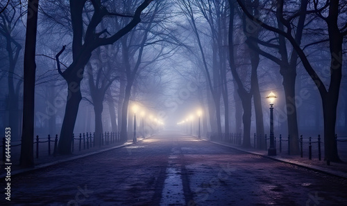 Foggy night park. Mysterious alley background. For banner, postcard, book illustration. Created with generative AI tools