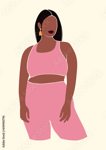 abstract young curvy woman of color in pink yoga outfit, lady in comfy sleepwear, beautiful black arican girl in loungewear, stay home and self-care concept, isolated vector illustration
