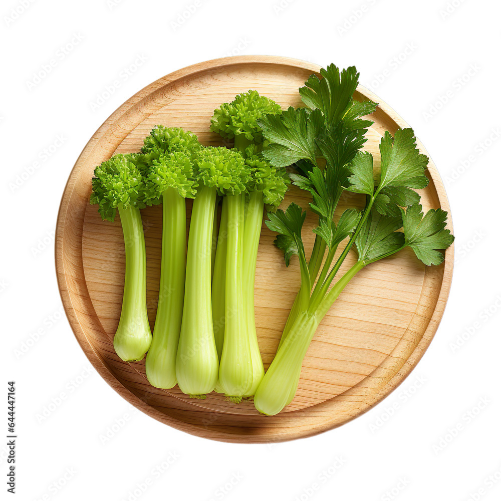 Coriander & Celery on wooden plate, platter isolated on transparent background. Coriander & Celery on wooden plate, platter isolated on transparent background.