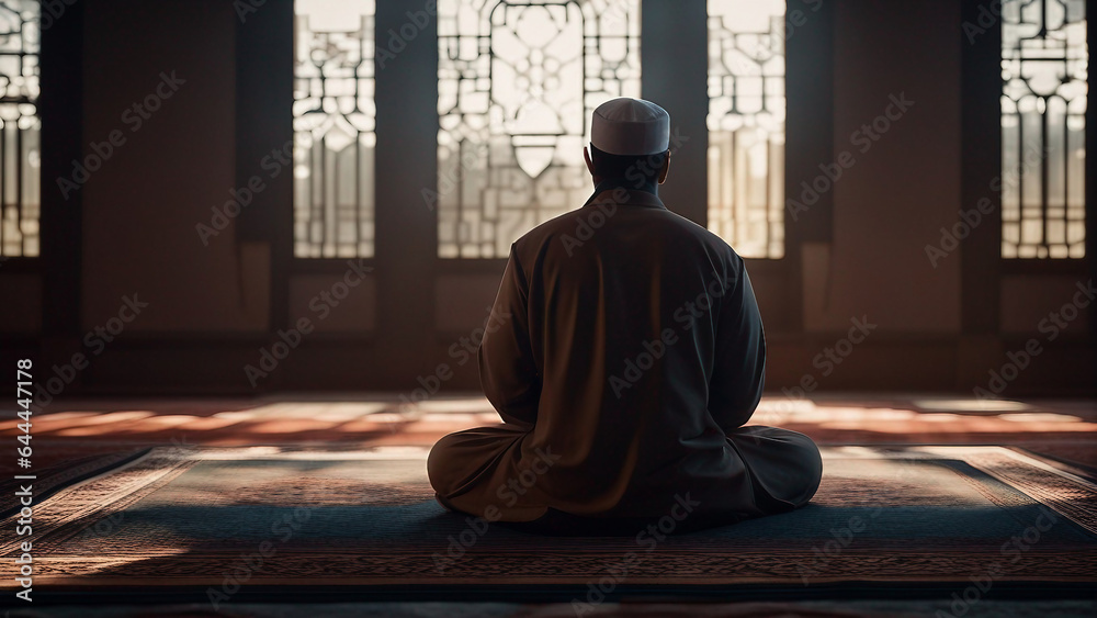 Muslim man sitting on prayer mat in mosque Muslim man sitting on prayer mat in mosque