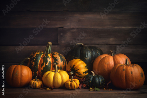 pumpkin fall background wood orange season halloween autumn decoration wooden leaf. Generative AI.