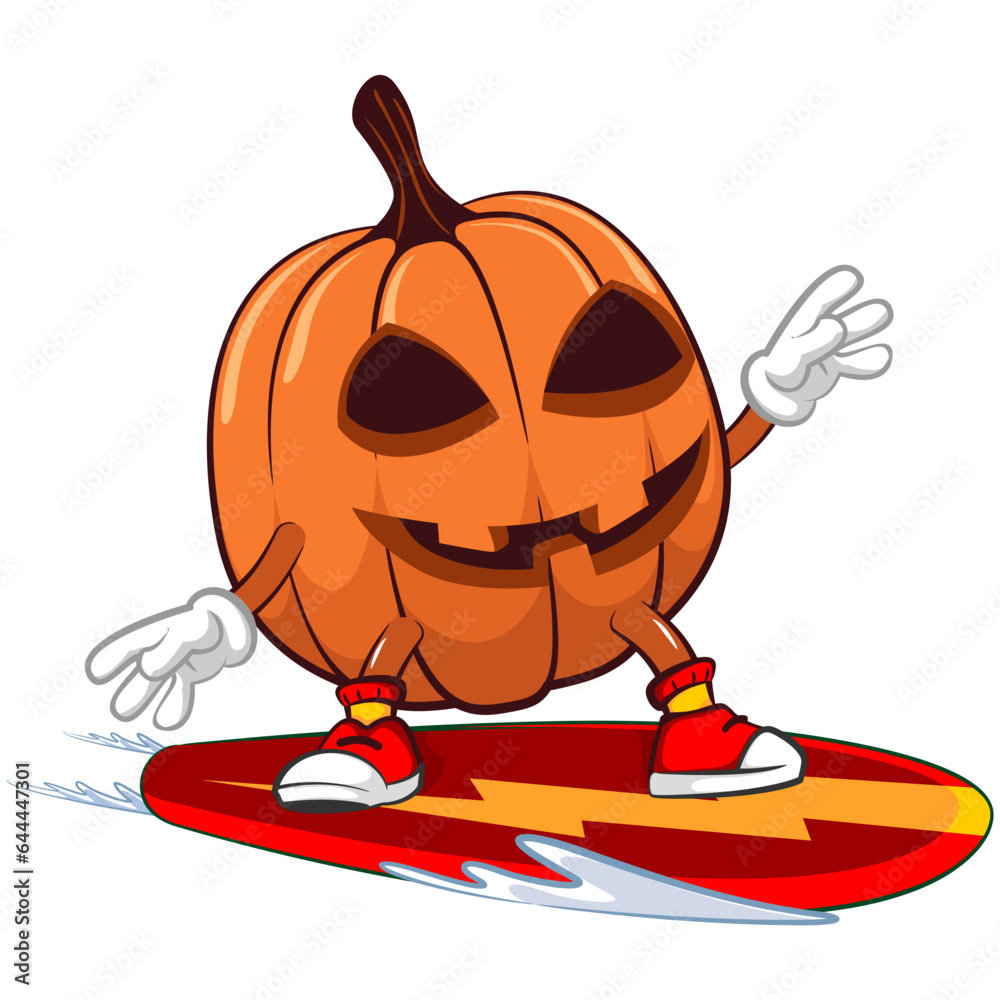Ταπετσαρία Vector mascot, cartoon and illustration of halloween pumpkin surfing on a surfbo
