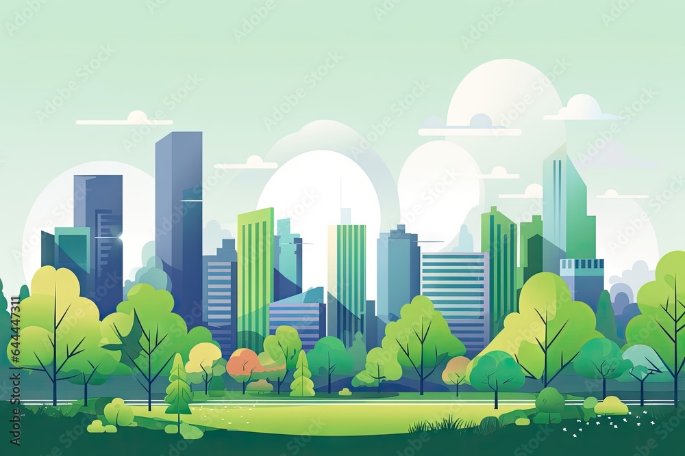  A Ecological Modern Cityscape Illustration Background - Eco Friendly City Wallpaper - Beautiful animated flat illustrated Art - Vector based Cute Animation style created with Generative AI Technology - obrazy, fototapety, plakaty 