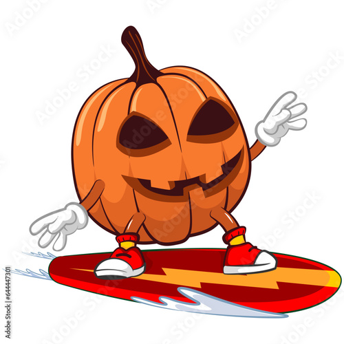 Vector mascot, cartoon and illustration of halloween pumpkin surfing on a surfboard