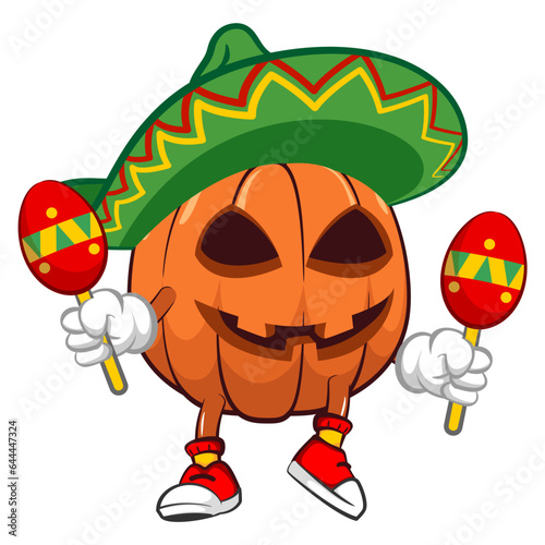 Vector mascot, cartoon and illustration of halloween pumpkin wearing sombrero with playing maracas