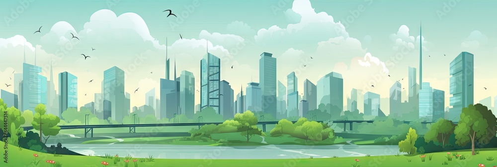  A Ecological Modern Cityscape Illustration Background - Eco Friendly City Wallpaper - Beautiful animated flat illustrated Art - Vector based Cute Animation style created with Generative AI Technology