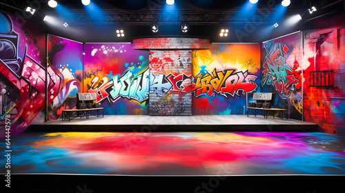 Urban-inspired stage with graffiti wall background,