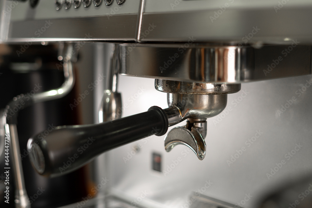 Close-up of an espresso coffee machine with portafilter