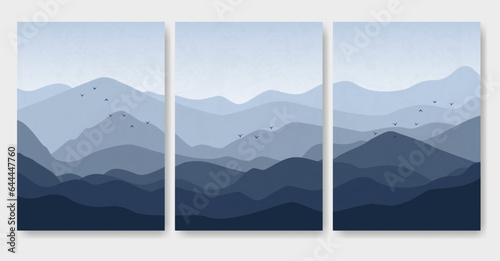 Aesthetic minimalist blue mountains with flying birds landscape posters. Japanese landscape illustration