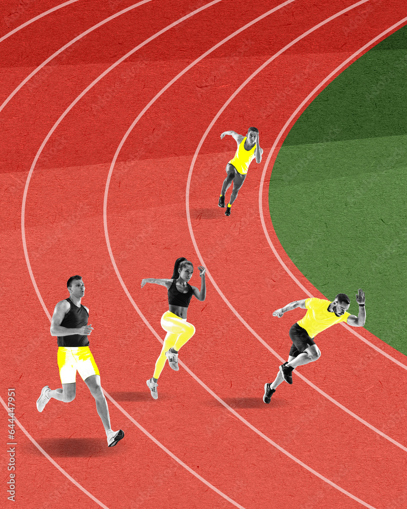 Competitive young people, men and women running on stadium, preparing for competition. Contemporary art collage. Concept of professional sport, creativity, healthy, active lifestyle. Banner, flyer, ad