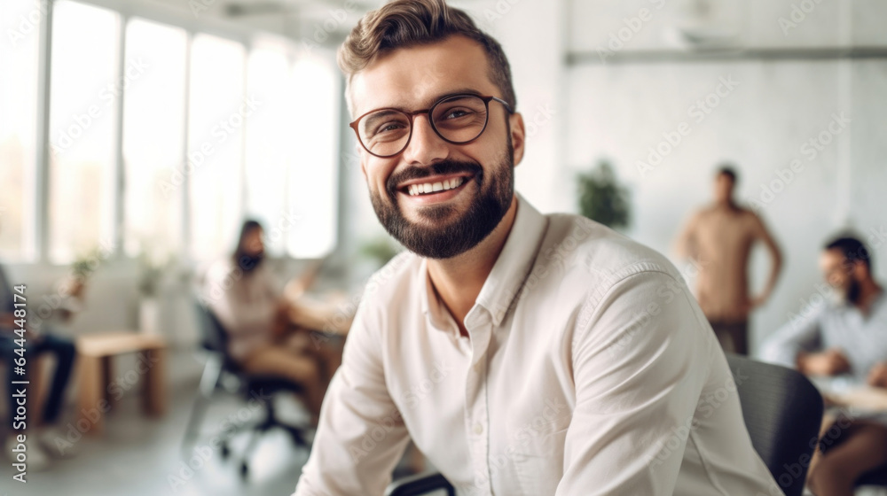 A happy multicultural man in a wheelchair with office colleagues. Generative AI A happy multicultural man in a wheelchair with office colleagues. Generative AI