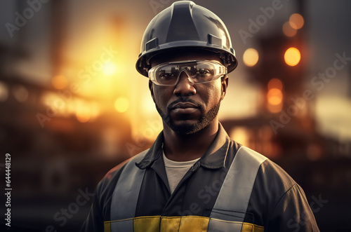 Professional heavy industry engineer worker wearing uniform, protective goggles and hard hat standing in front of Oil or Gas Factory.
