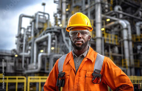 Refinery worker wearing uniform, protective eyeglasses and hard hat standing in front of the oil factory. © Bojan