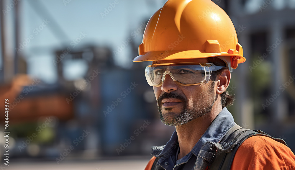 Close up portrait of male worker in protective uniform, shield glasses and hard hat standing in front of oil and gas refinery plant industry factory. Close up portrait of male worker in protective uniform, shield glasses and hard hat standing in front of oil and gas refinery plant industry factory.