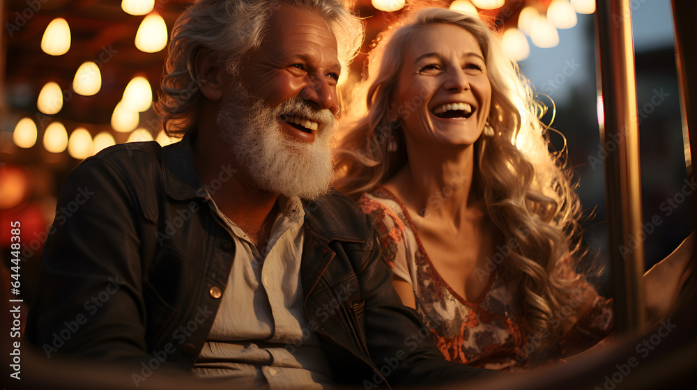 Old happy couple in love are riding carousel Old happy couple in love are riding carousel