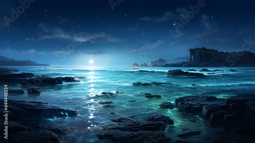 Under the enchanting glow of the full moon, bioluminescent organisms light up the water's surface. The scene captures the ethereal beauty of the ocean's hidden wonders, turning the waves into a canvas