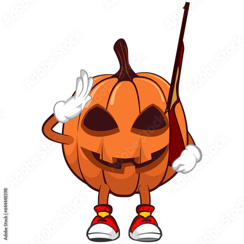 Vector mascot, cartoon and illustration of a troop halloween pumpkin bearing a rifle saluting in a dashing stance