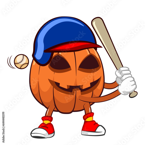 Vector mascot, cartoon and illustration of a halloween pumpkin playing baseball wearing a helmet and in a position to hit the ball with a baseball bat