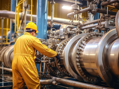 Chemical industry plant worker wearing yellow uniform and hard hat checking pipes and machinery at refinery.