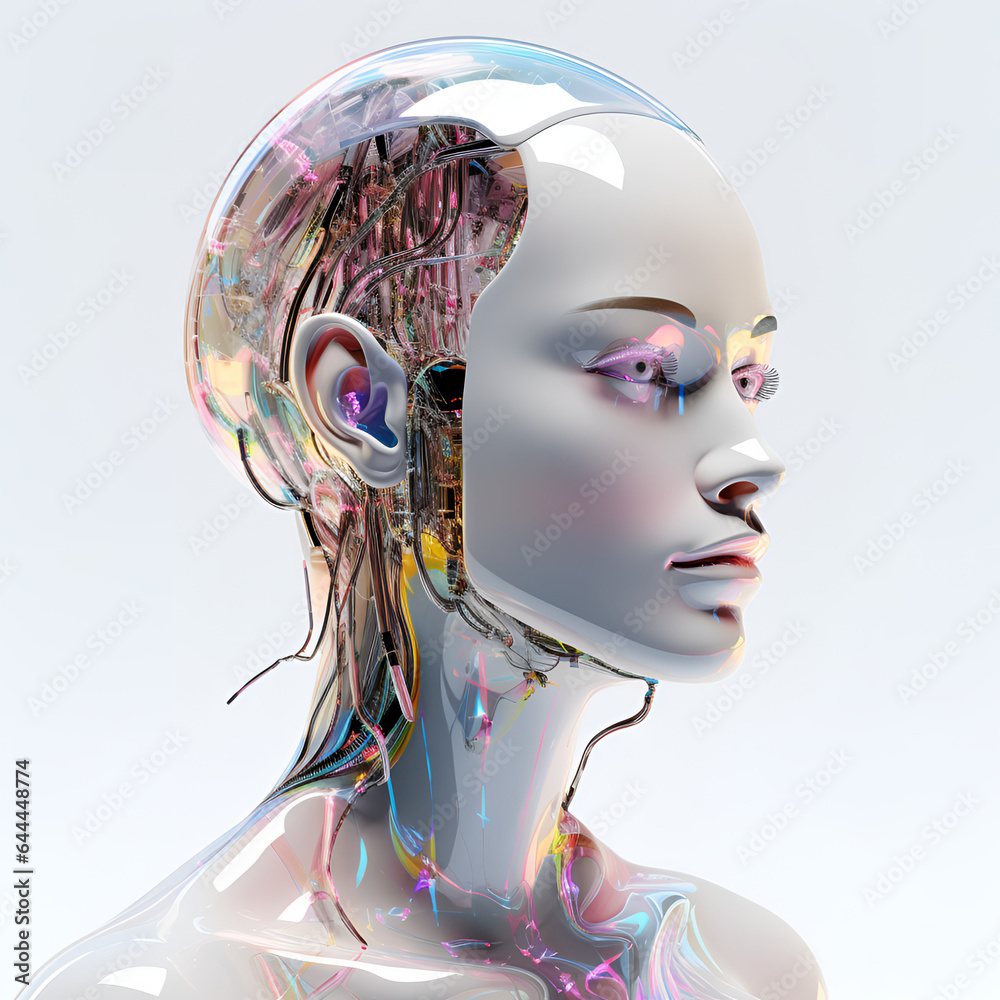 Artificial android human with wires in the head. 3D illustration in retrofuturistic sci-fi style. Artificial android human with wires in the head. 3D illustration in retrofuturistic sci-fi style.