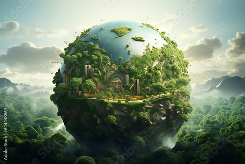 AI-generated image of the earth surrounded by trees and green leaves for environment and sustainability © daikun