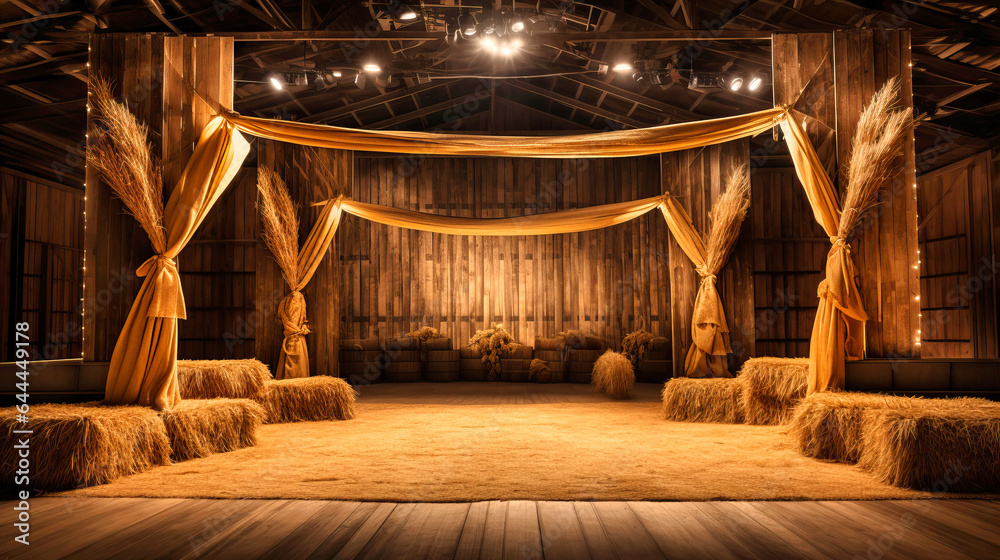 Rustic barn-inspired stage with hay and wooden beams, - obrazy, fototapety, plakaty 