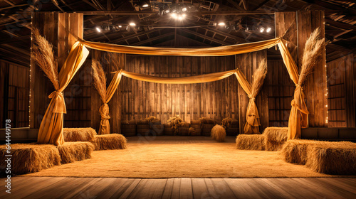Rustic barn-inspired stage with hay and wooden beams, photo