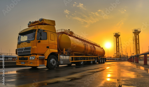 Heavy yellow truck with a chrome metal cistern rushing ride in industrial area.