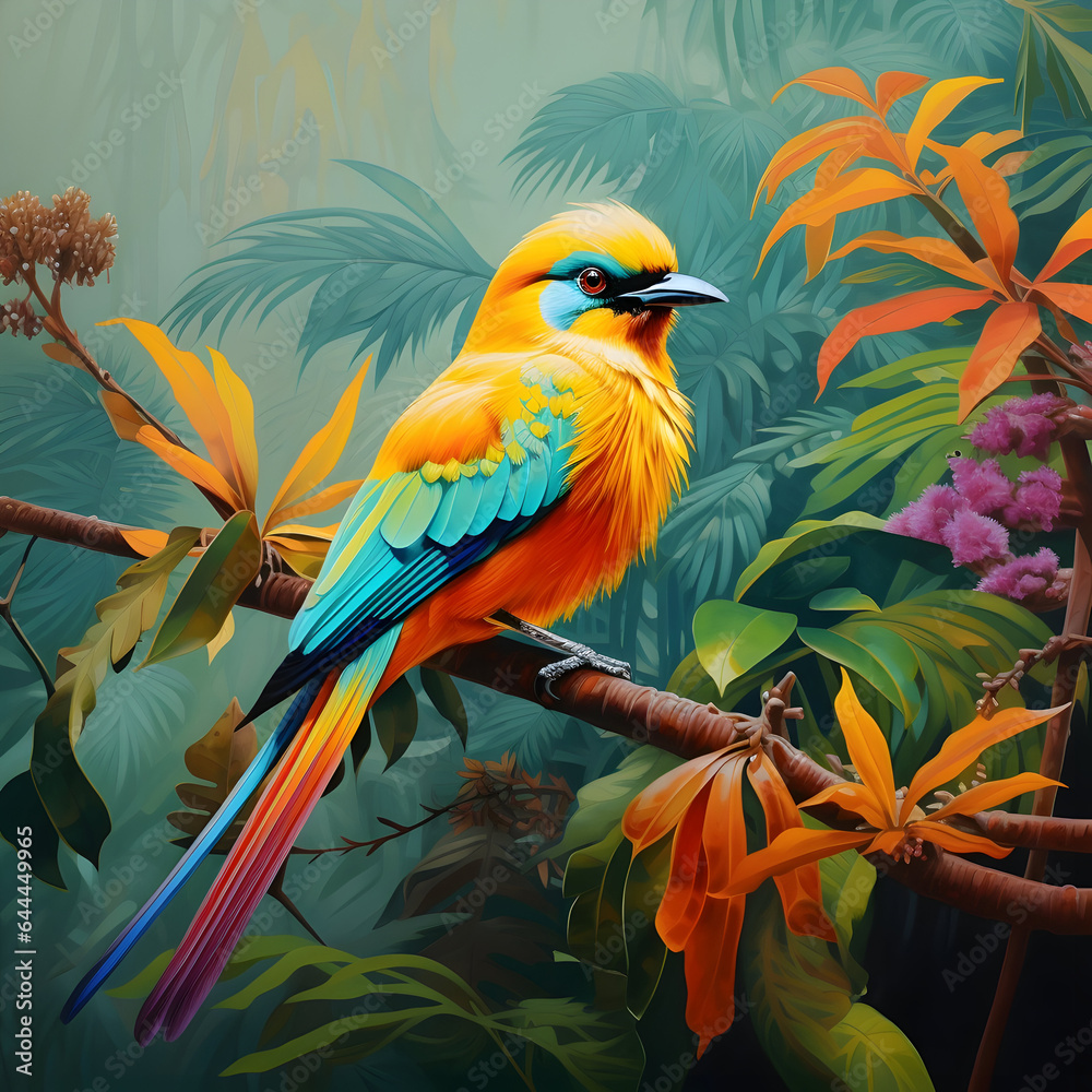 Obraz premium An image of a vibrant tropical bird perched on a lush jungle branch, A bird on a tree