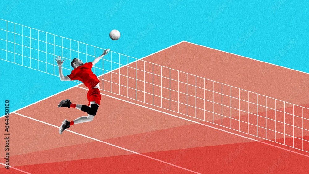 Fototapeta premium Dynamic image of man, volleyball player in motion, hitting ball in a jump. Contemporary art collage. Concept of professional sport, creativity, healthy and active lifestyle. Banner, flyer, ad