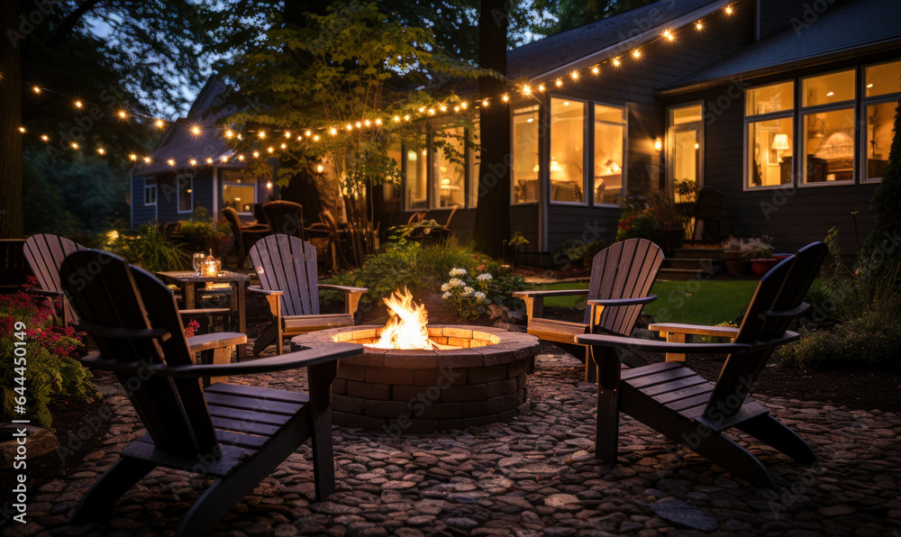 Backyard bliss: Toasty fire pit evenings with lawn chairs during autumn dusk.