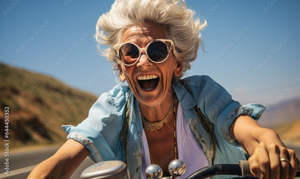 Elderly Woman's Italian Adventure: Riding a Blue Scooter with Glee