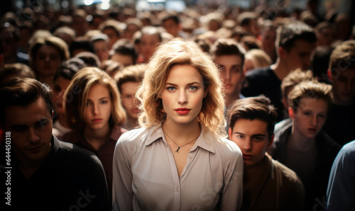 Remarkably Distinct: Blonde Woman Defying Crowd's Uniformity