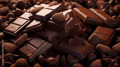 Background with tasty various pieces of milk and dark chocolate bars, grated cocoa top view close up