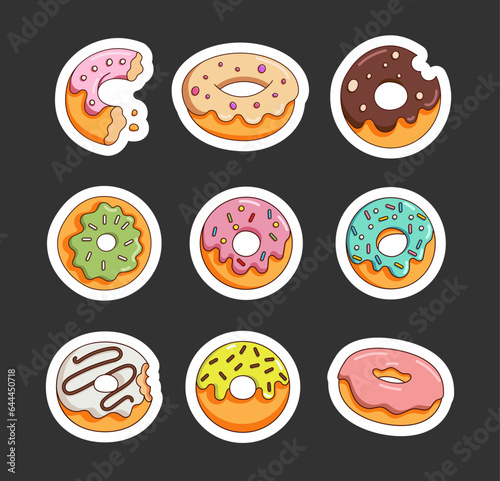 Glazed donuts with sprinkles. Sticker Bookmark. Sweet sugar bakery. Hand drawn style. Vector drawing. Collection of design elements.