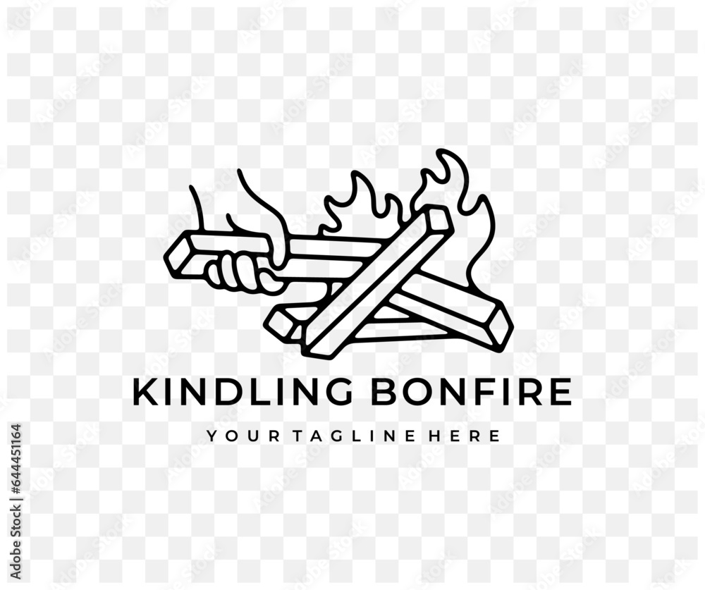 Man kindles a bonfire, balefire, fire and flames, linear graphic design. Survival, campfire, burn, burning, fiery, camp and campground, vector design and illustration