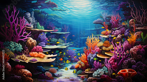 Beneath the surface, a vibrant coral reef bursts with an array of colors and life. Exotic fish dart through intricate coral formations, creating a mesmerizing and visually rich underwater scene.