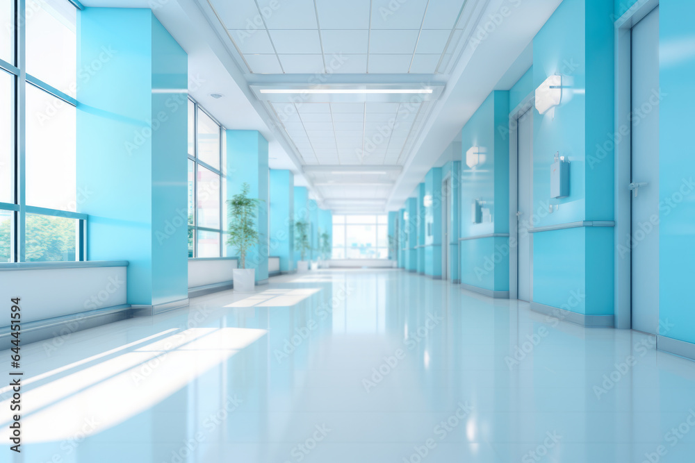 Sunny hospital hallway with rooms