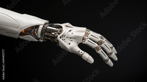 Cyborg hand on a black background, technology of artificial intelligence