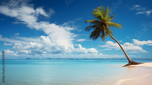 A solitary palm tree stands on a pristine  deserted beach  framing a view of the endless ocean. The scene radiates tranquility and the allure of escaping to a remote and untouched paradise.