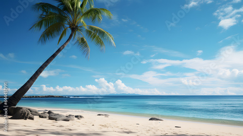 A solitary palm tree stands on a pristine  deserted beach  framing a view of the endless ocean. The scene radiates tranquility and the allure of escaping to a remote and untouched paradise.