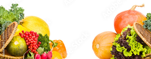 Set of fruits and vegetables isolated on white. Wide photo. Free space for text. Collage.