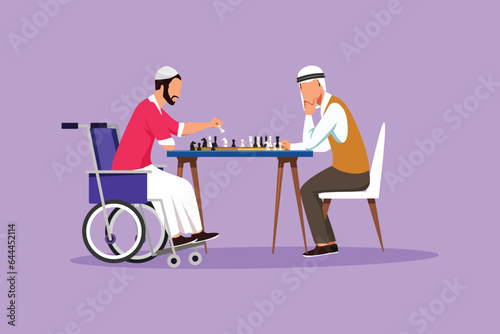 Cartoon flat style drawing disabled Arab man in wheelchair plays chess with friend. People on social adaptation, hobby, tolerance, inclusive accessibility diversity. Graphic design vector illustration